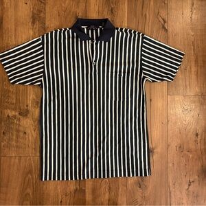 Vintage Navy Green and White Striped Front Pocket Polo Shirt